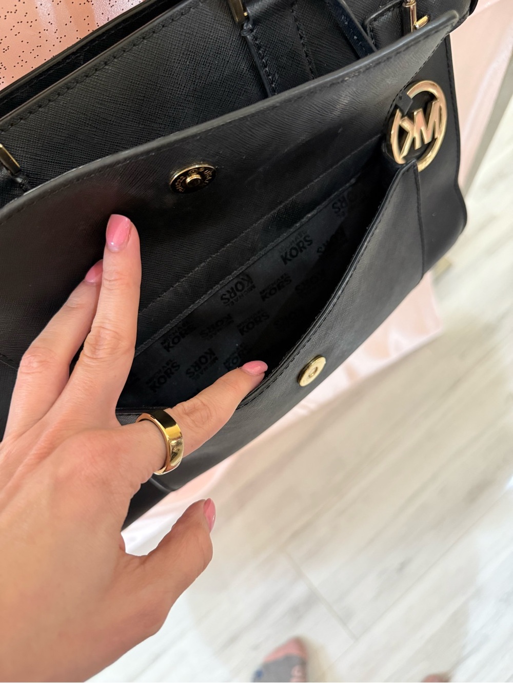 Michael Kors Black Saffiano Leather Satchel with Gold Hardware Charm - Picture 3 of 7